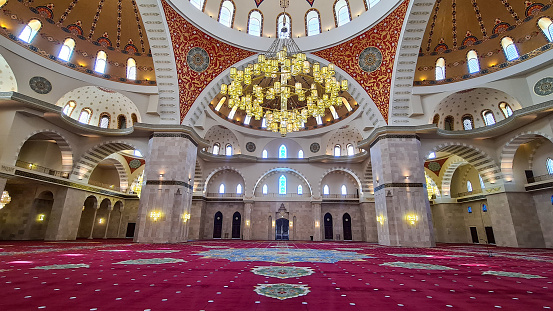 Fujairah, United Arab Emirates – August 1, 2022: Prayer room of Sheikh Zayed Grand Mosque in Fujairah.