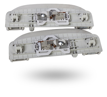 Vehicle interior grab handle with lamps on white isolated background. Auto service industry. Spare parts catalog.