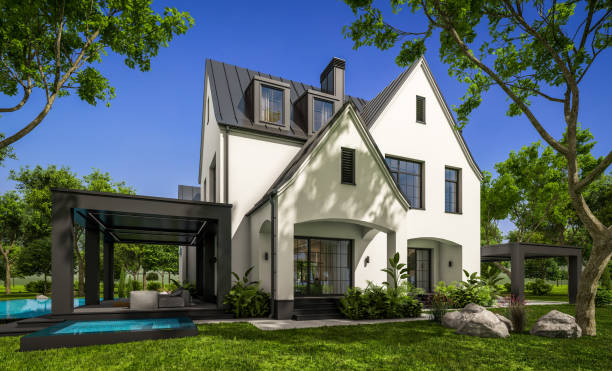istock 3d rendering of white and black modern Tudor house 1434173678