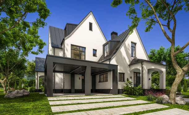 istock 3d rendering of white and black modern Tudor house 1434173714