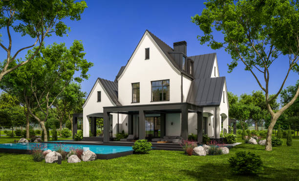 istock 3d rendering of white and black modern Tudor house 1434174043