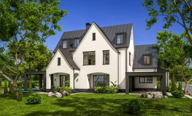 istock 3d rendering of white and black modern Tudor house 1434174118