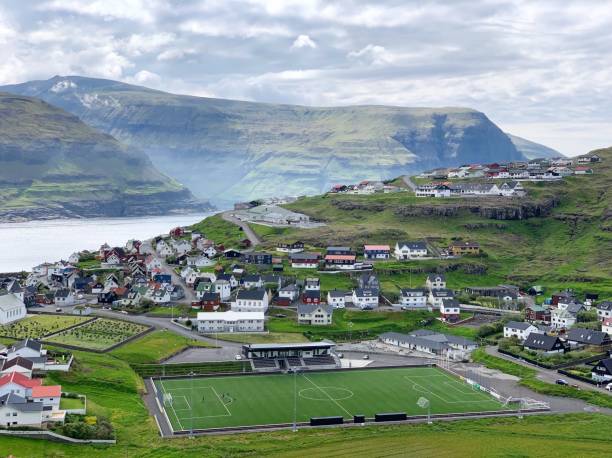 Faroe Islands Soccer Field View from above of a soccer field in the Faroe Islands. eysturoy stock pictures, royalty-free photos & images