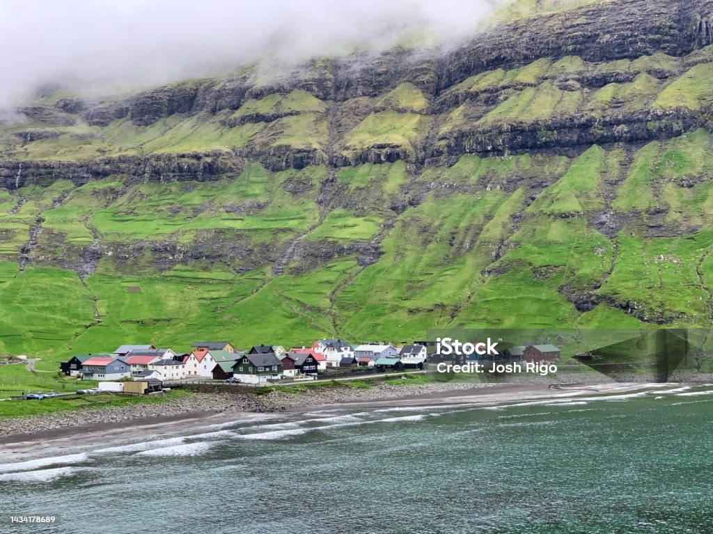 Tjørnuvík, Faroe Islands Beautiful view of Tjørnuvík, Faroe Islands. Aerial View Stock Photo