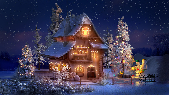 3D illustration,Cottage in the snow with warm lights on the trees on Christmas night.Composite image.