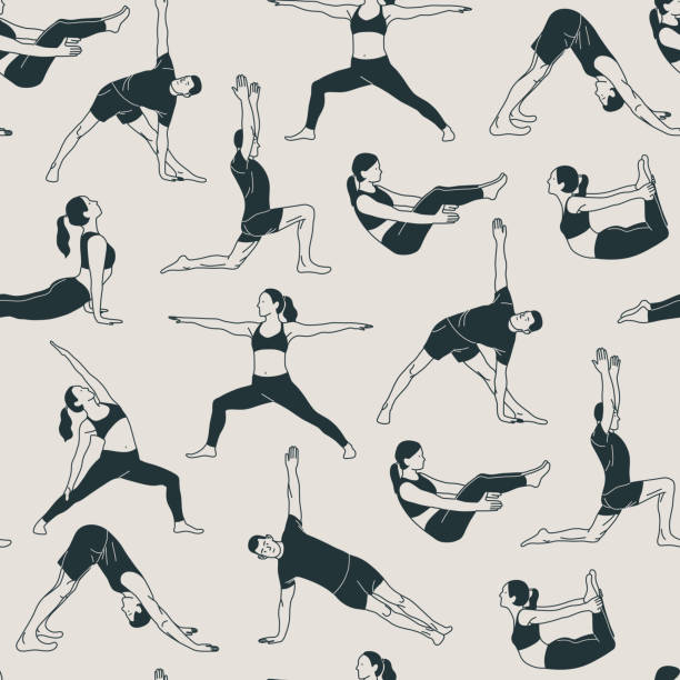 ilustrações, clipart, desenhos animados e ícones de padrão perfeito com jovens usando roupas esportivas fazendo yoga. - stretching yoga men good posture