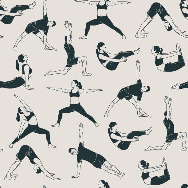 Seamless pattern with young people wearing sportswear doing yoga. Seamless pattern with young people wearing sportswear doing yoga. The concept of sport, gym, yoga, pilates, fitness, meditation and relax. Health care and lifestyle concept. Vector illustration. exercise class icon stock illustrations