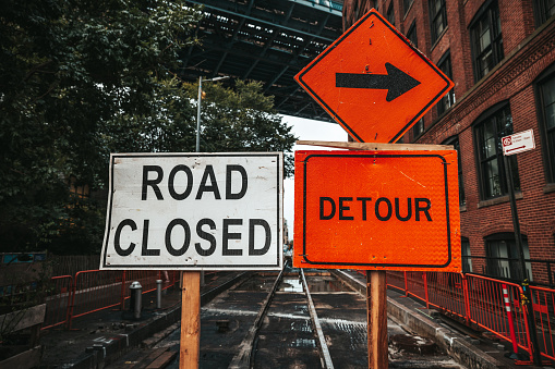 Close up of road sign for a interrupted city street in Dumbo New York