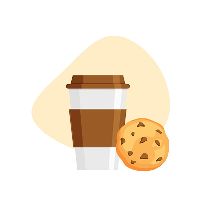 Chocolate cookie with crumbs and coffee icon in trendy flat style. Drink take away. Traditional chip cookies with hot beverage. Vector illustration.