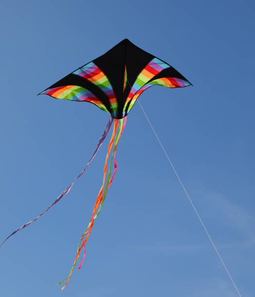 istock black kite with multicolored rainbow stripes flies high in the blue sky tied to a string 1434184047