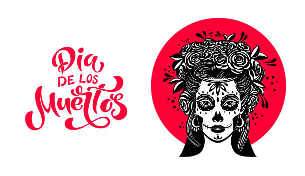 dzień zmarłych to meksykańskie święto. napis dia de los muertos. kobieta z makijażem - cukrowa czaszka z kwiatami róży. - catrina stock illustrations