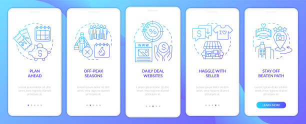 ilustraciones, imágenes clip art, dibujos animados e iconos de stock de pantalla de la aplicación móvil de gradiente azul de incorporación de viajes económicos - infografías de precios