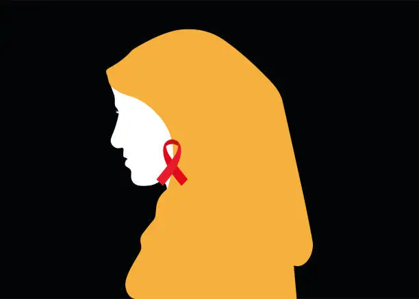Vector illustration of Cancer support and fight, woman portrait silhouette.
