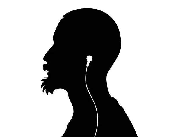 Vector illustration of Portrait of man listening to music with headphones.