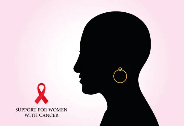 Vector illustration of Cancer support and fight, woman portrait silhouette.