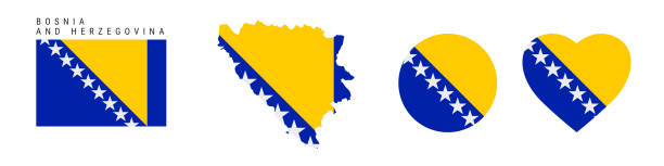 bosnien und herzegowina flagge in verschiedenen formen symbol set. flache vektorillustration - bosnien und herzegowina stock-grafiken, -clipart, -cartoons und -symbole