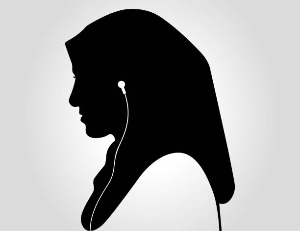 헤드폰으로 음악을 듣는 베일을 쓴 여성의 초상화. - arab style audio stock illustrations