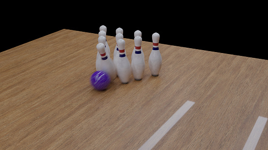 A 3d render of a bowling ball hitting pins with motion blur