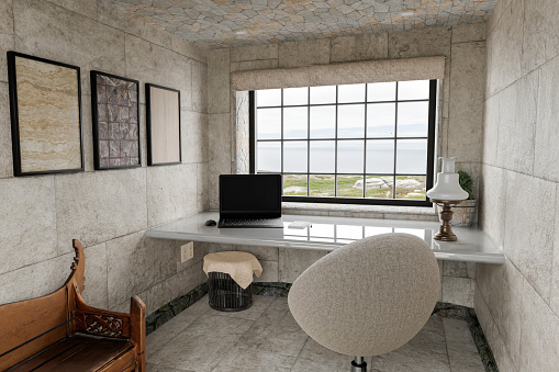 Interior of room made of limestone material conditioned for home office with lap top. Rustic interior design and work at home. 3d illustration