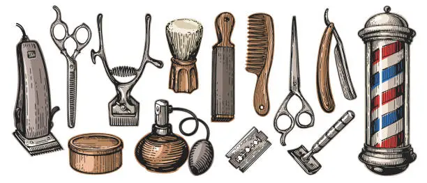 Vector illustration of Set retro barbershop tools and items. Shaving and hairdressing concept. Beauty saloon vintage vector illustration