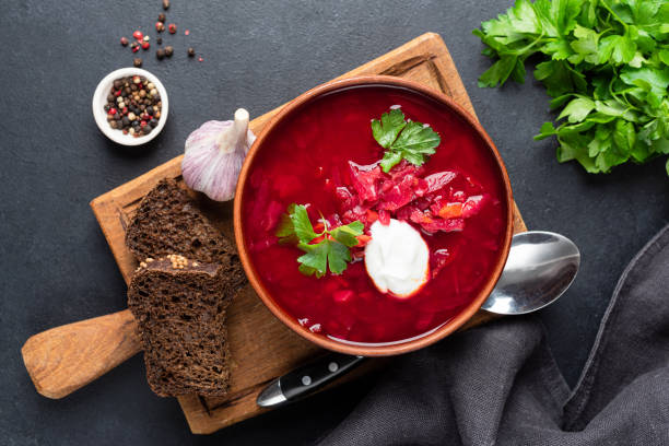 Bowl of ukrainian beetroot soup Borscht
