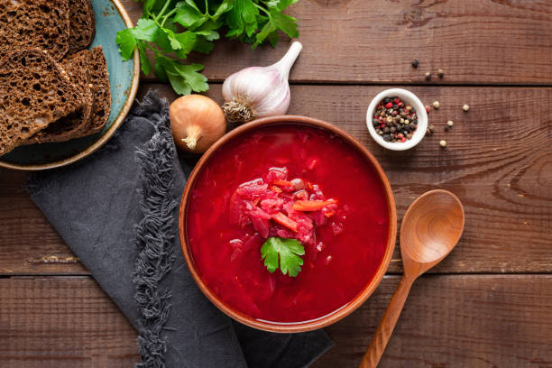 istock Vegetarian borscht soup in bowl 1434189720