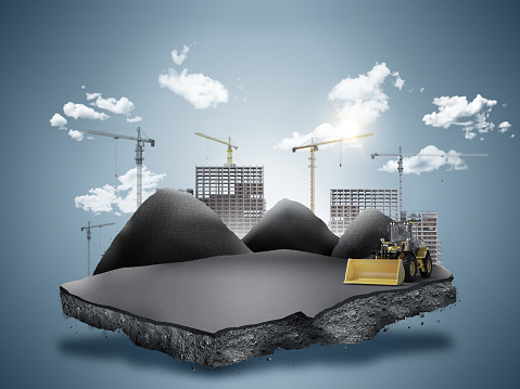 fantasy floating island with construction field on the rock, construction advertising. 3d illustration of constructions.