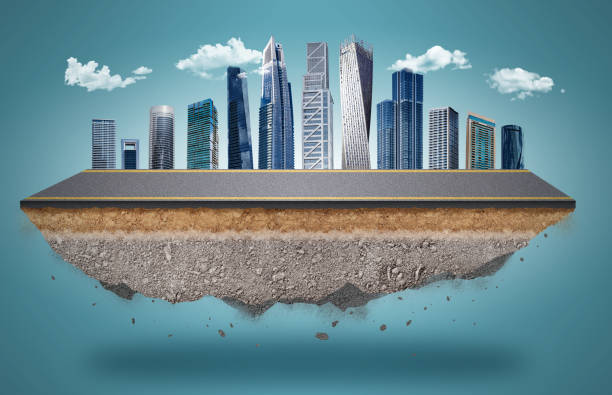 istock Fantasy floating road with soil surface isolated on background, flying asphalt road building skyline with sand ground 3D illustration. online business ideas. highway isolated ads. motorway design. 1434192310