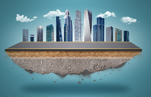 Fantasy floating road with soil surface isolated on background, flying asphalt road building skyline with sand ground 3D illustration. online business ideas. highway isolated ads. motorway design.