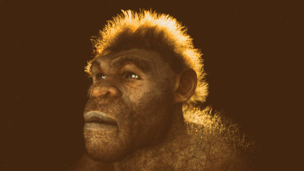 Caveman portrait backlit on black rotating 3D stock photo