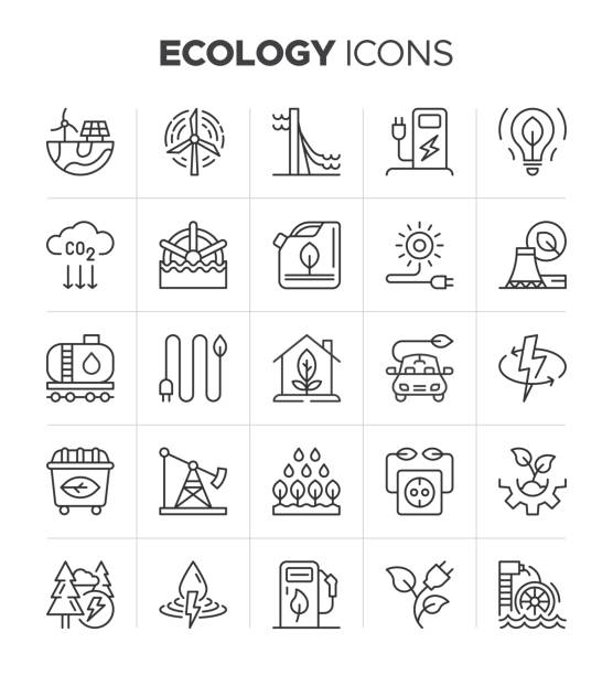 illustrazioni stock, clip art, cartoni animati e icone di tendenza di set di icone per l'ecologia, collezione di simboli sostenibili, energia verde e rinnovabili - green economy