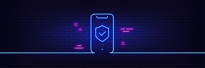 Neon light glow effect. Phone protection line icon. Cyber defence sign. Security shield symbol. 3d line neon glow icon. Brick wall banner. Phone protection outline. Vector
