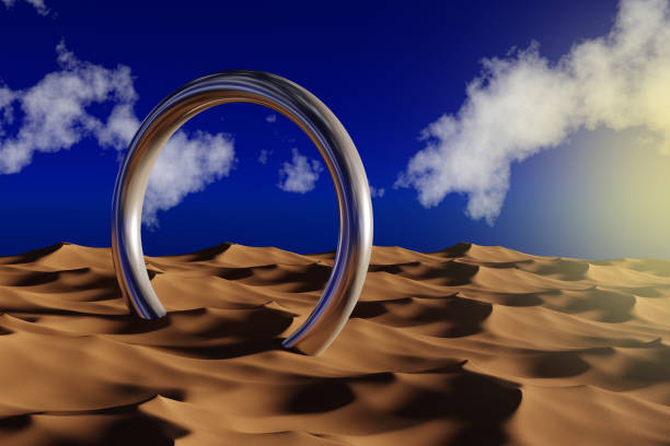 Abstract Futuristic Chrome Reflective Ring in a Desert - 3D illustration Render
