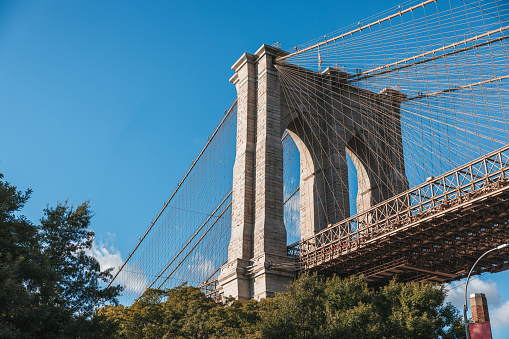 View to New York landmarks, Brooklyn Bridge