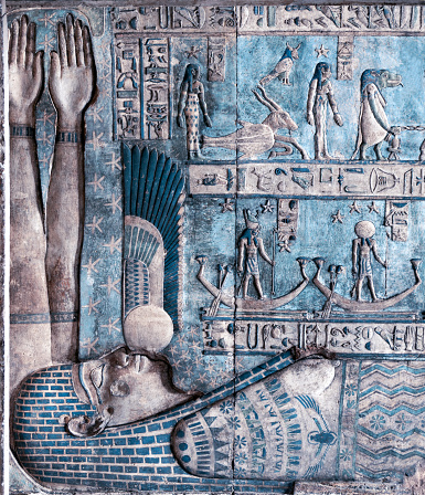 Painted relief on the ceiling of the Temple of Hathor at Dendera .Egypt .