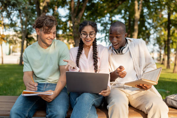 istock Accepted students. Joyful diverse friends celebrating success with laptop computer outdoors, sitting in parkland 1434197725