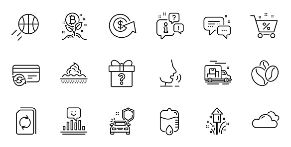 Outline set of Cloudy weather, Loan percent and Dollar exchange line icons for web application. Talk, information, delivery truck outline icon. Vector