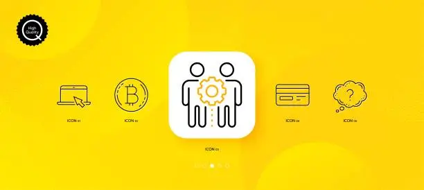 Vector illustration of Credit card, Employees teamwork and Bitcoin minimal line icons. For web application, printing. Vector