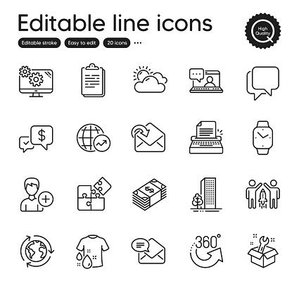 Set of Business outline icons. Contains icons as Talk bubble, Outsourcing and Settings elements. 360 degrees, Spanner, Usd currency web signs. Wash t-shirt, Receive mail, Typewriter elements. Vector