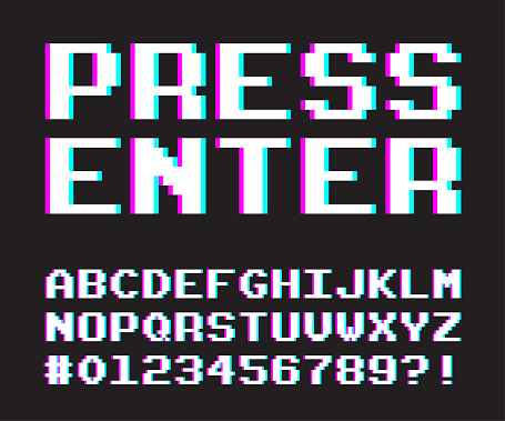 Pixel Alphabet Letters and Numbers. Pixel Art Font. Glitch Effect. Vector Illustration