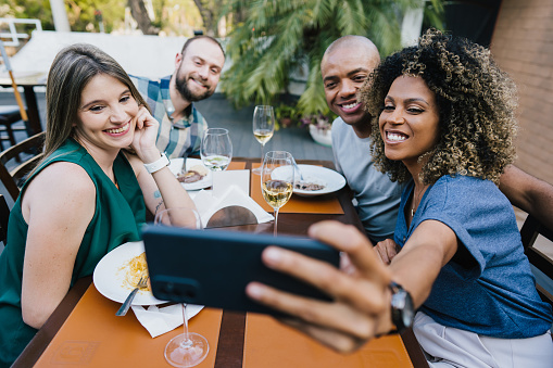 Group of friends taking selfie at restaurant
