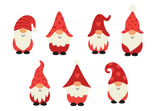 set of isolated cute  red Christmas gnomes vector art illustration