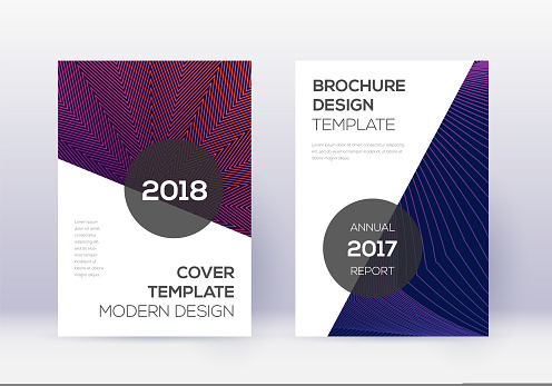 Modern cover design template set. Violet abstract lines on dark background. Fair cover design. Authentic catalog, poster, book template etc.