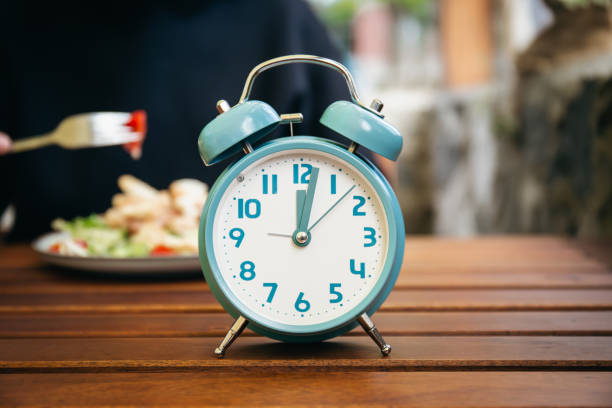 istock Close-up, alarm clock on a blurred food background. 1434206050