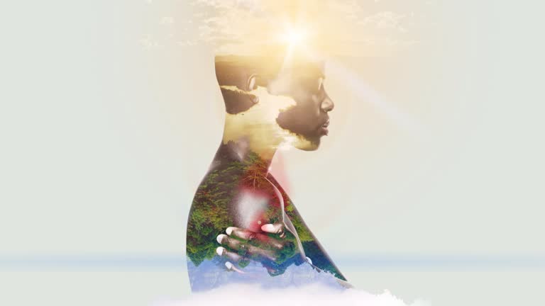 Nature, double exposure and forest meditation with black woman for earth sustainability mockup. Thinking, peace and environment girl silhouette profile for amazon jungle trees conservation.