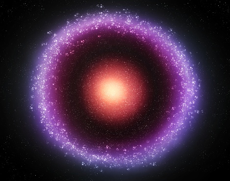 An elliptical galaxy with a bright center and a ring. Birth of stars from cosmic gas. Supernova explosion.
