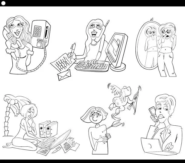 Vector illustration of cartoon women comic characters set coloring page