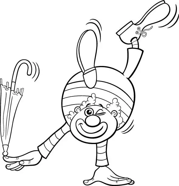 Vector illustration of cartoon clown character with umbrella coloring page