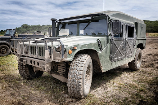 Antique Russian off-road car on top of Mount Demerdzhi in Crimea in winter