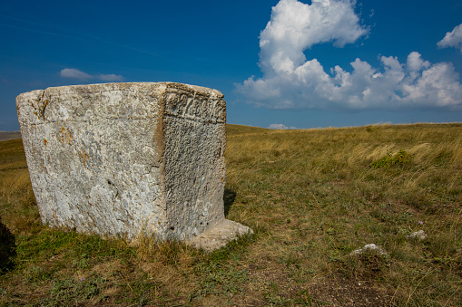 View at medieval tombstones in Morine, near Pluzine in Bosnia and Herzegovina